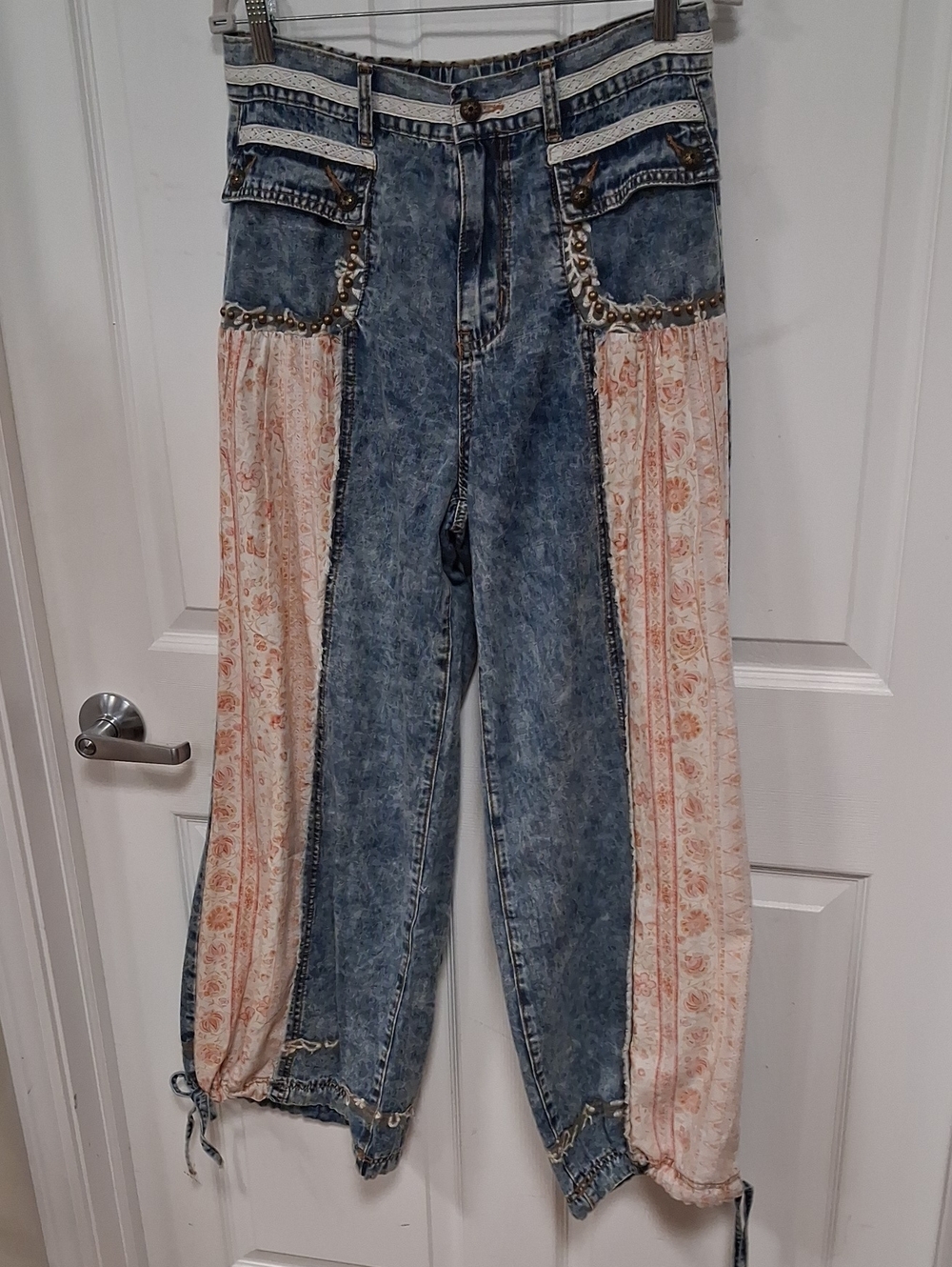 POL Boho Patchwork Jeans with Pink Floral Side Panels